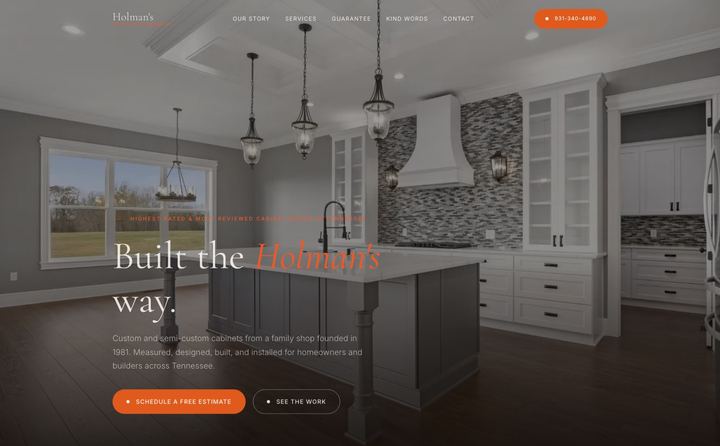 Holmans Custom Cabinets homepage concept